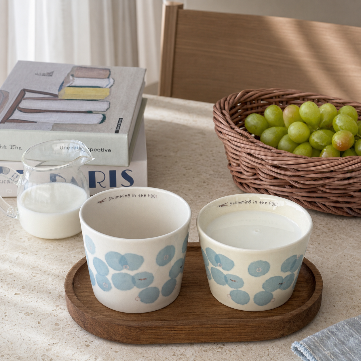 Blue Floral Ceramic Cup, 210ml Japanese Style Handleless Coffee Mug, Minimalist Tea Cup for Latte & Milk