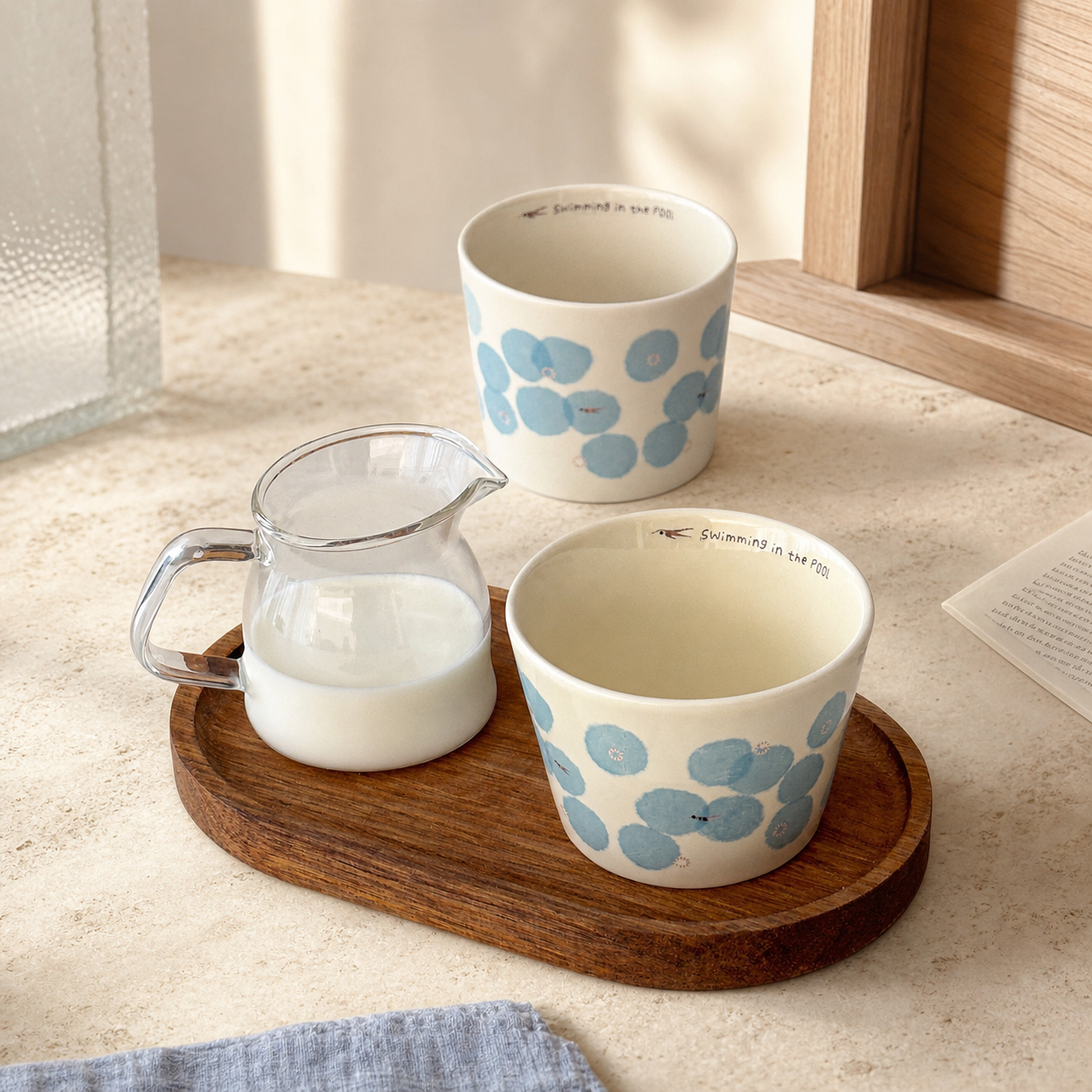 Blue Floral Ceramic Cup, 210ml Japanese Style Handleless Coffee Mug, Minimalist Tea Cup for Latte & Milk