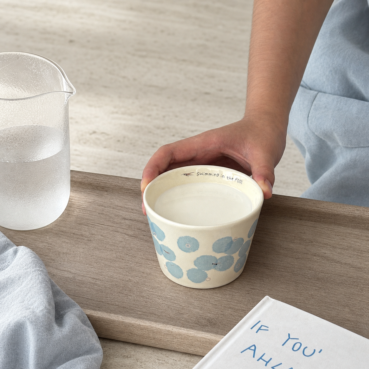 Blue Floral Ceramic Cup, 210ml Japanese Style Handleless Coffee Mug, Minimalist Tea Cup for Latte & Milk