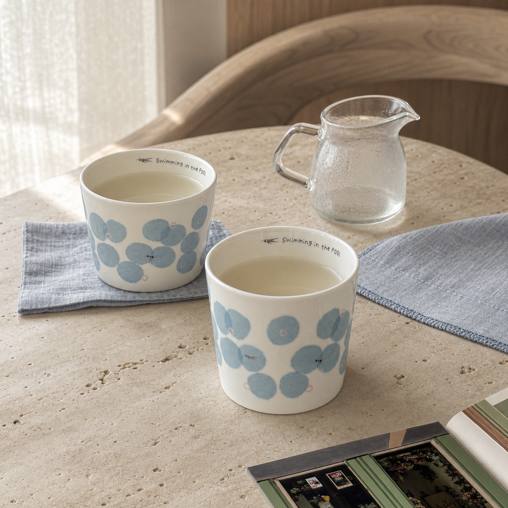 Blue Floral Ceramic Cup, 210ml Japanese Style Handleless Coffee Mug, Minimalist Tea Cup for Latte & Milk