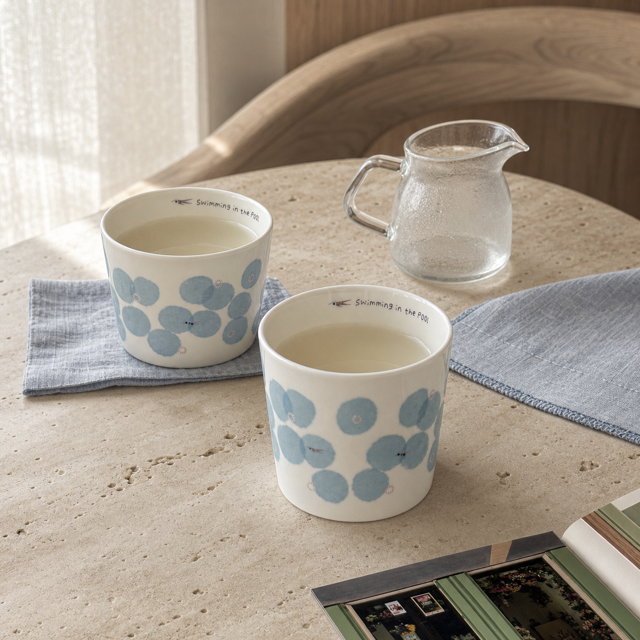 Blue Floral Ceramic Cup, 210ml Japanese Style Handleless Coffee Mug, Minimalist Tea Cup for Latte & Milk