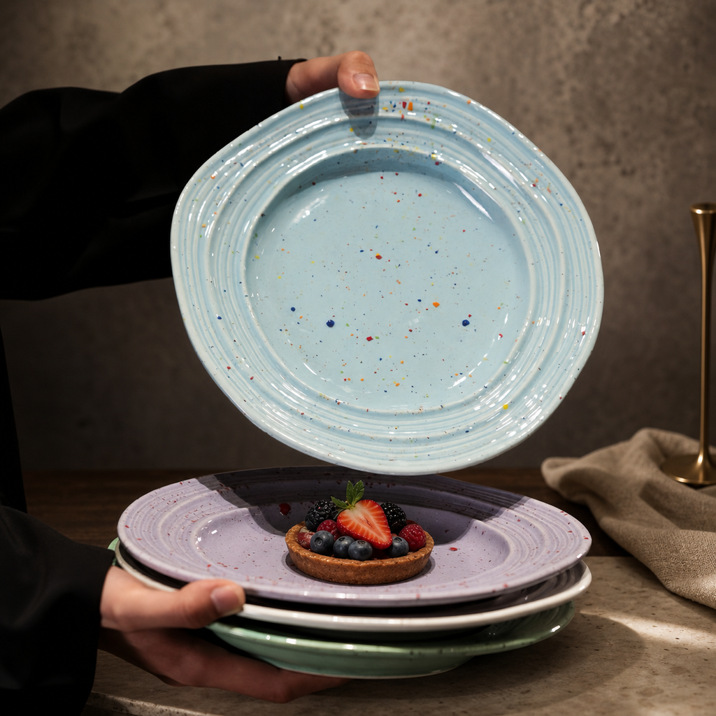 Pastel Speckled Ceramic Dinner Plate, 9 Inch Japanese Style Round Dessert Plate, Minimalist Colorful Tableware