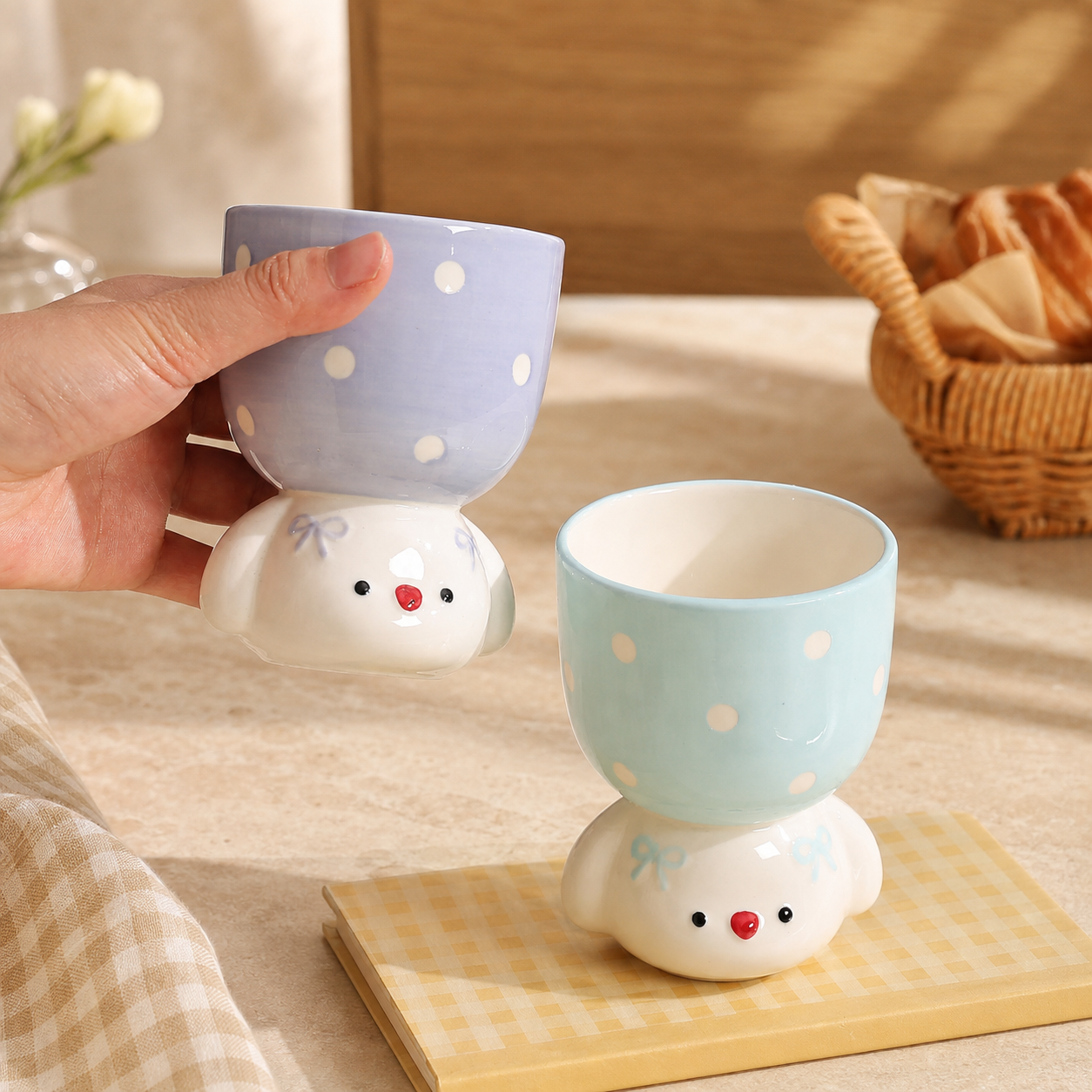 Cute Dog Ceramic Mug, 150ml Polka Dot Coffee Cup, Kawaii Pastel Puppy Mug, Pink Blue Purple Small Tea Cup