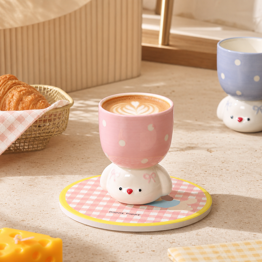 Cute Dog Ceramic Mug, 150ml Polka Dot Coffee Cup, Kawaii Pastel Puppy Mug, Pink Blue Purple Small Tea Cup