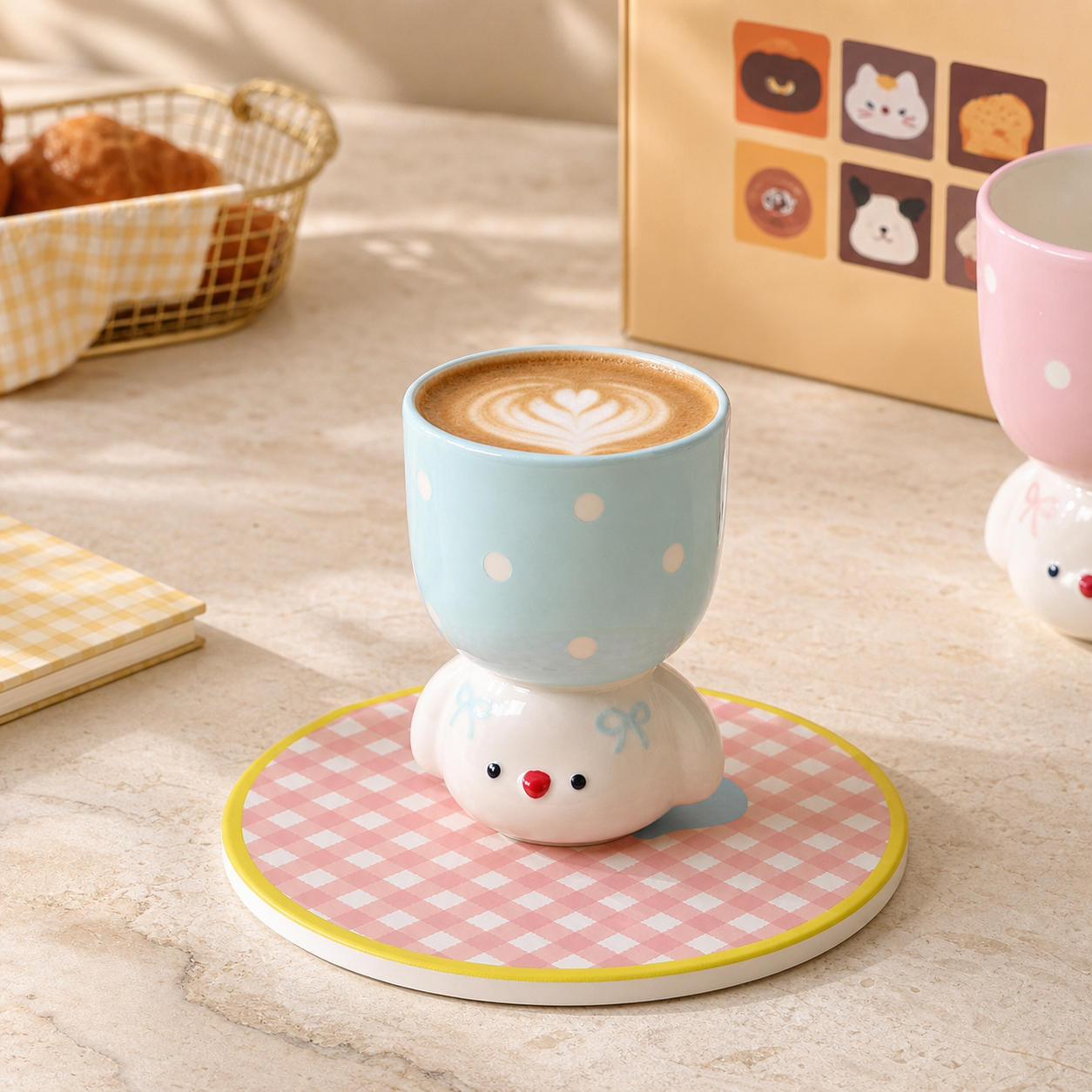 Cute Dog Ceramic Mug, 150ml Polka Dot Coffee Cup, Kawaii Pastel Puppy Mug, Pink Blue Purple Small Tea Cup
