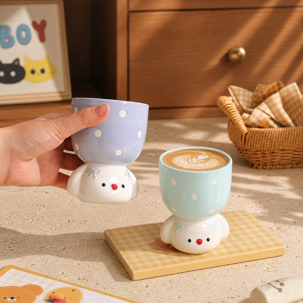 Cute Dog Ceramic Mug, 150ml Polka Dot Coffee Cup, Kawaii Pastel Puppy Mug, Pink Blue Purple Small Tea Cup