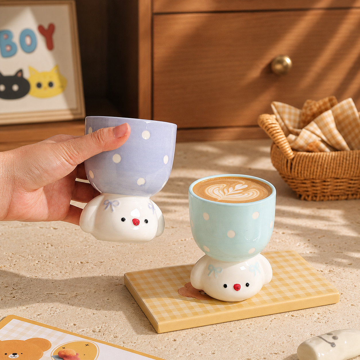 Cute Dog Ceramic Mug, 150ml Polka Dot Coffee Cup, Kawaii Pastel Puppy Mug, Pink Blue Purple Small Tea Cup