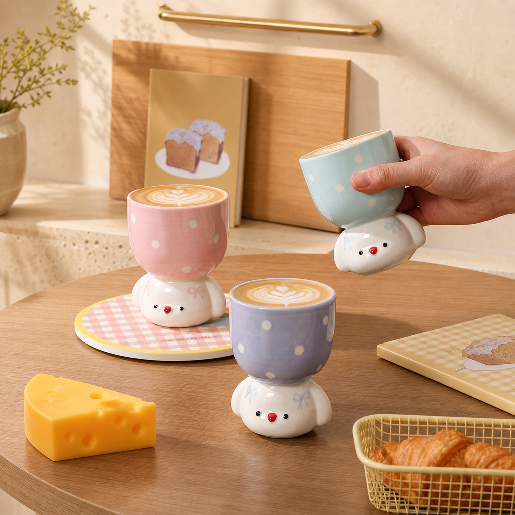 Cute Dog Ceramic Mug, 150ml Polka Dot Coffee Cup, Kawaii Pastel Puppy Mug, Pink Blue Purple Small Tea Cup