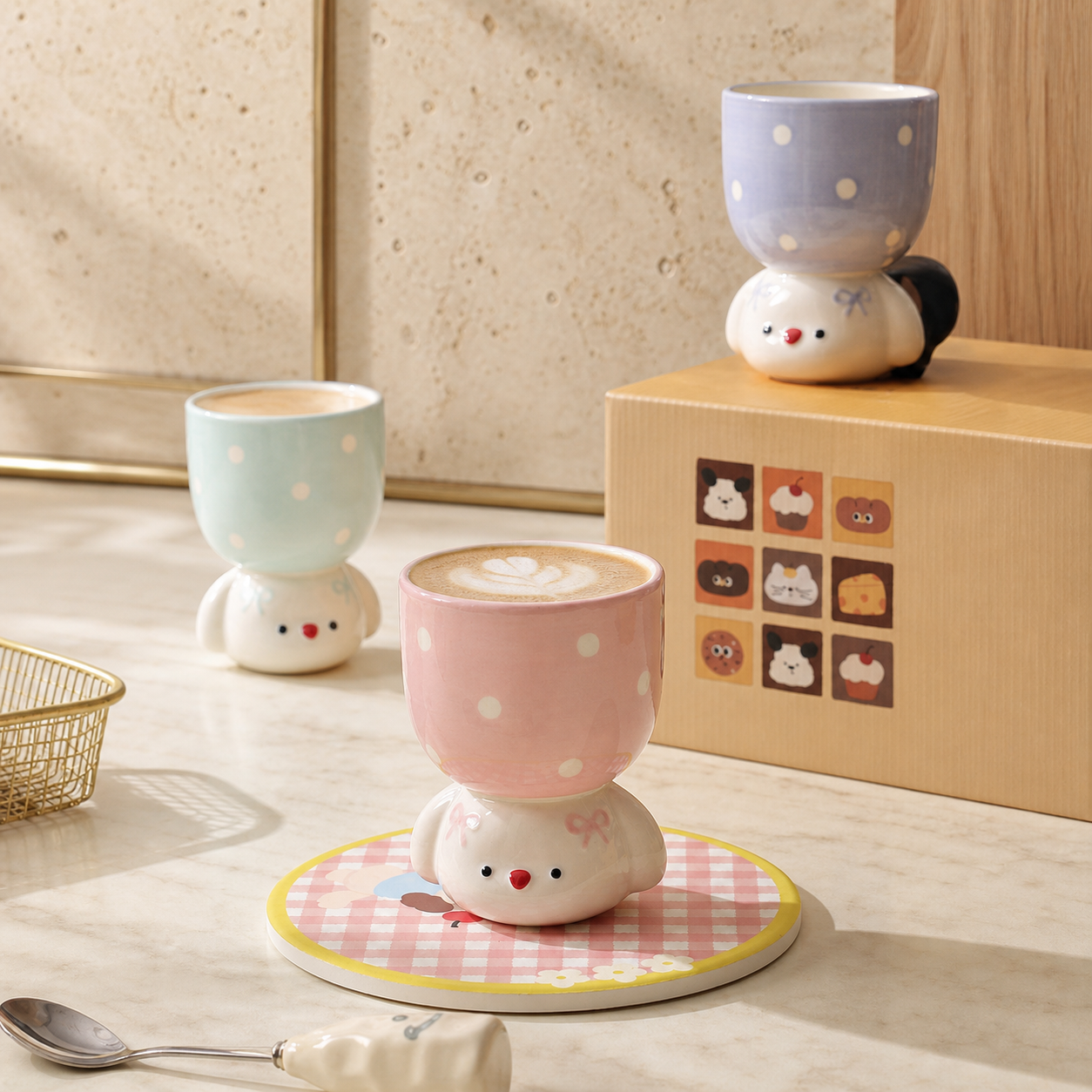 Cute Dog Ceramic Mug, 150ml Polka Dot Coffee Cup, Kawaii Pastel Puppy Mug, Pink Blue Purple Small Tea Cup