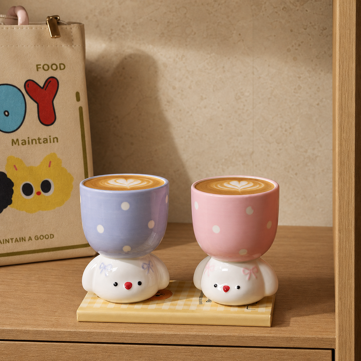 Cute Dog Ceramic Mug, 150ml Polka Dot Coffee Cup, Kawaii Pastel Puppy Mug, Pink Blue Purple Small Tea Cup