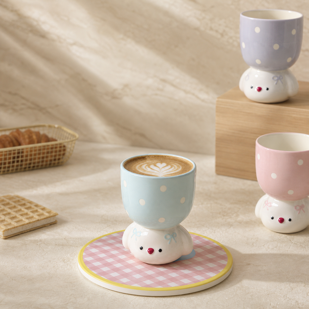 Cute Dog Ceramic Mug, 150ml Polka Dot Coffee Cup, Kawaii Pastel Puppy Mug, Pink Blue Purple Small Tea Cup
