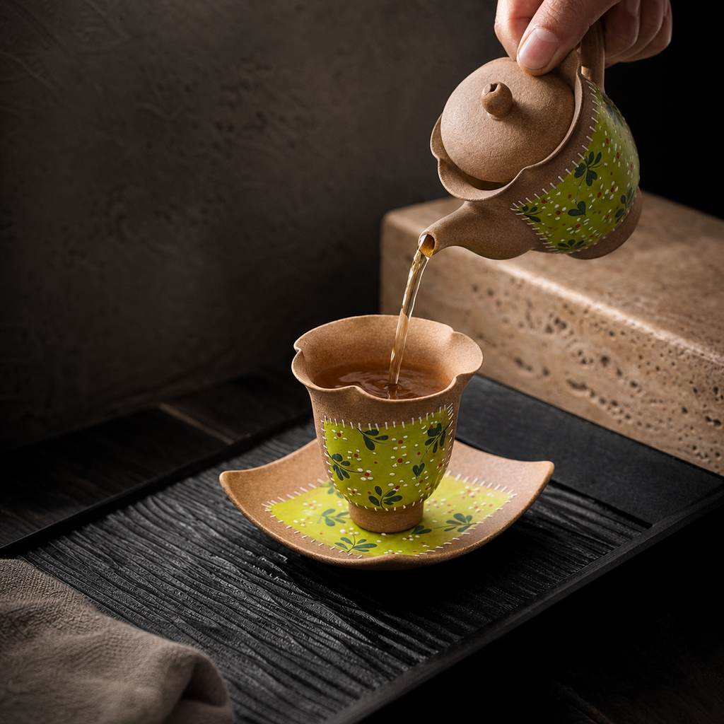 Hand Painted Ceramic Tea Cup, 90ml Floral Japanese Teacup, Rustic Green Pottery Cup, Wabi Sabi Gongfu Tea Cup