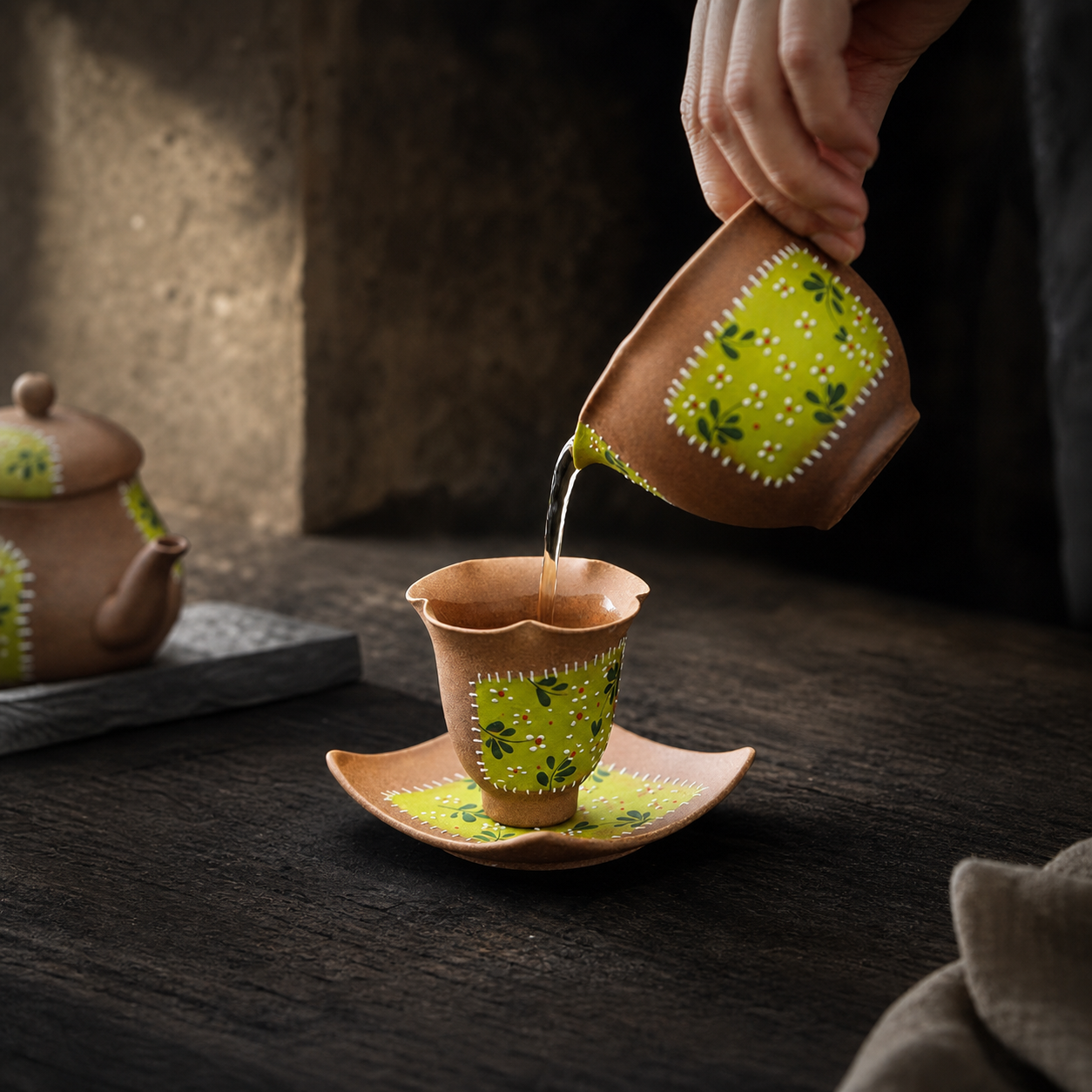 Hand Painted Ceramic Tea Cup, 90ml Floral Japanese Teacup, Rustic Green Pottery Cup, Wabi Sabi Gongfu Tea Cup