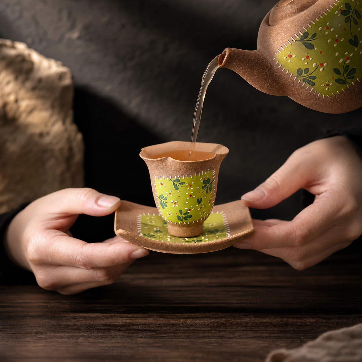 Hand Painted Ceramic Tea Cup, 90ml Floral Japanese Teacup, Rustic Green Pottery Cup, Wabi Sabi Gongfu Tea Cup