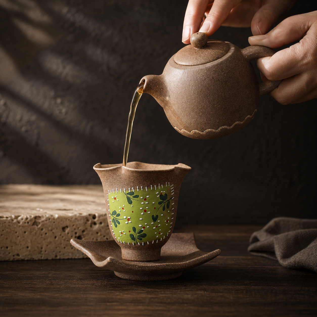 Hand Painted Ceramic Tea Cup, 90ml Floral Japanese Teacup, Rustic Green Pottery Cup, Wabi Sabi Gongfu Tea Cup