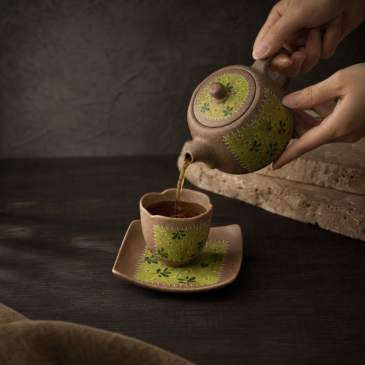 Hand Painted Ceramic Tea Cup, 90ml Floral Japanese Teacup, Rustic Green Pottery Cup, Wabi Sabi Gongfu Tea Cup