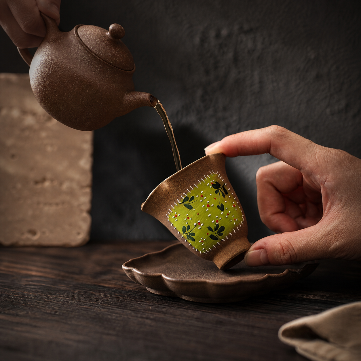Hand Painted Ceramic Tea Cup, 90ml Floral Japanese Teacup, Rustic Green Pottery Cup, Wabi Sabi Gongfu Tea Cup