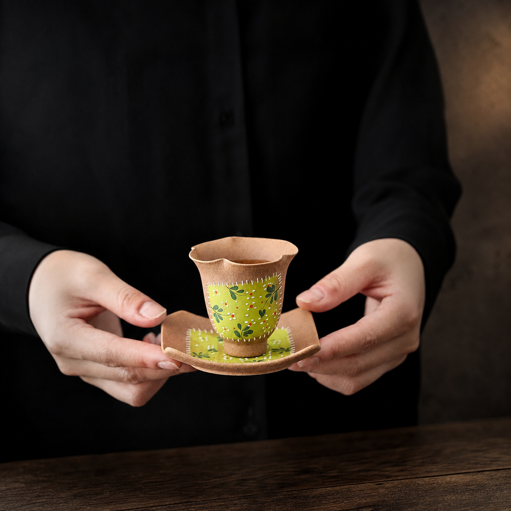 Hand Painted Ceramic Tea Cup, 90ml Floral Japanese Teacup, Rustic Green Pottery Cup, Wabi Sabi Gongfu Tea Cup