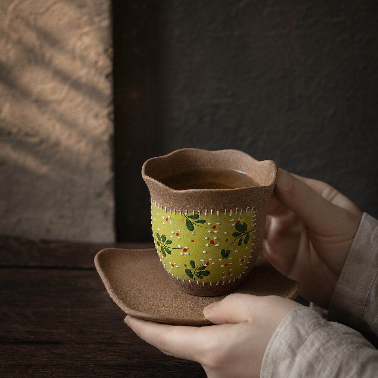 Hand Painted Ceramic Tea Cup, 90ml Floral Japanese Teacup, Rustic Green Pottery Cup, Wabi Sabi Gongfu Tea Cup