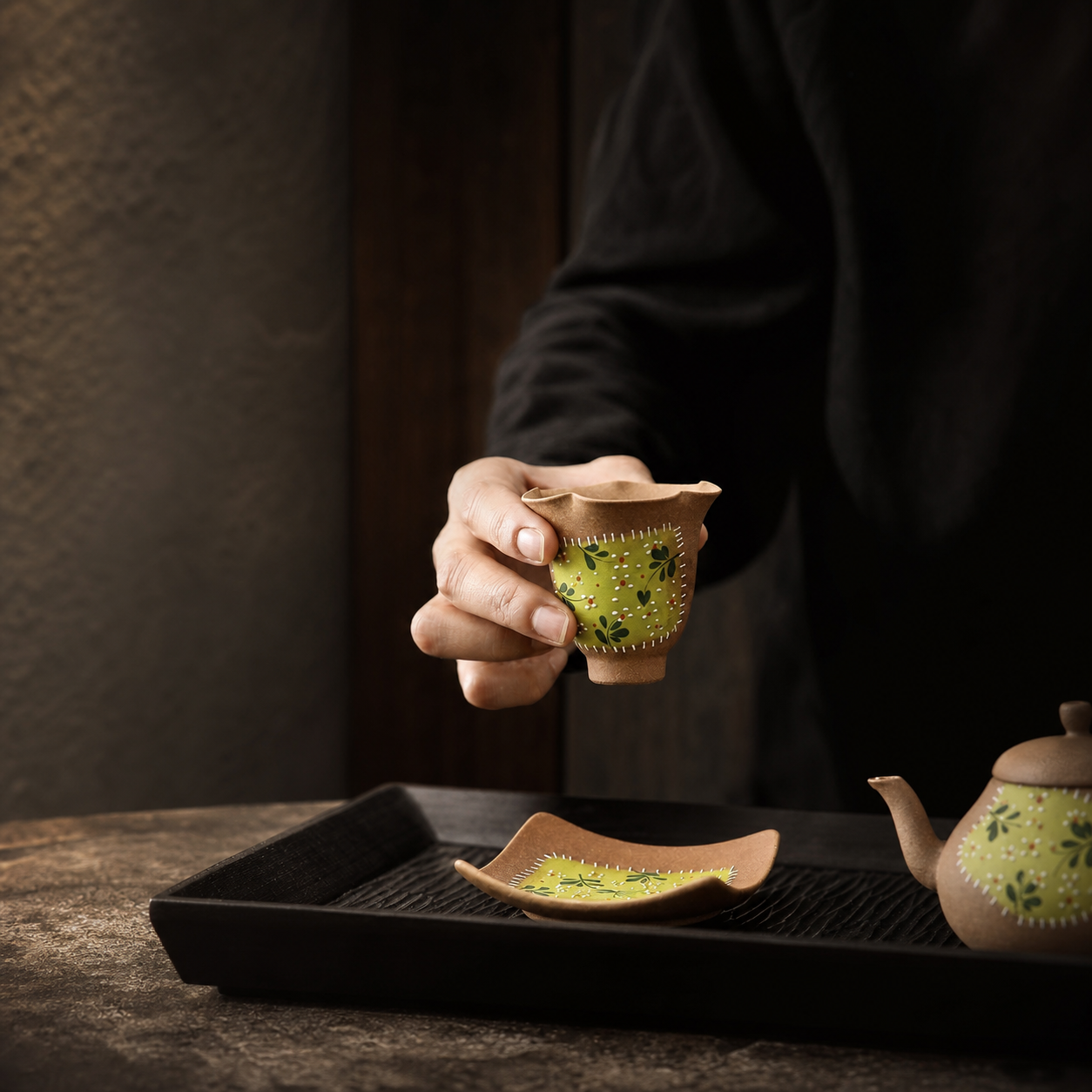 Hand Painted Ceramic Tea Cup, 90ml Floral Japanese Teacup, Rustic Green Pottery Cup, Wabi Sabi Gongfu Tea Cup