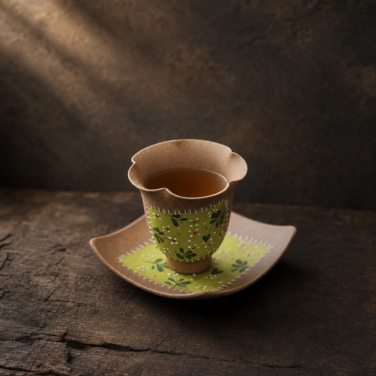 Hand Painted Ceramic Tea Cup, 90ml Floral Japanese Teacup, Rustic Green Pottery Cup, Wabi Sabi Gongfu Tea Cup