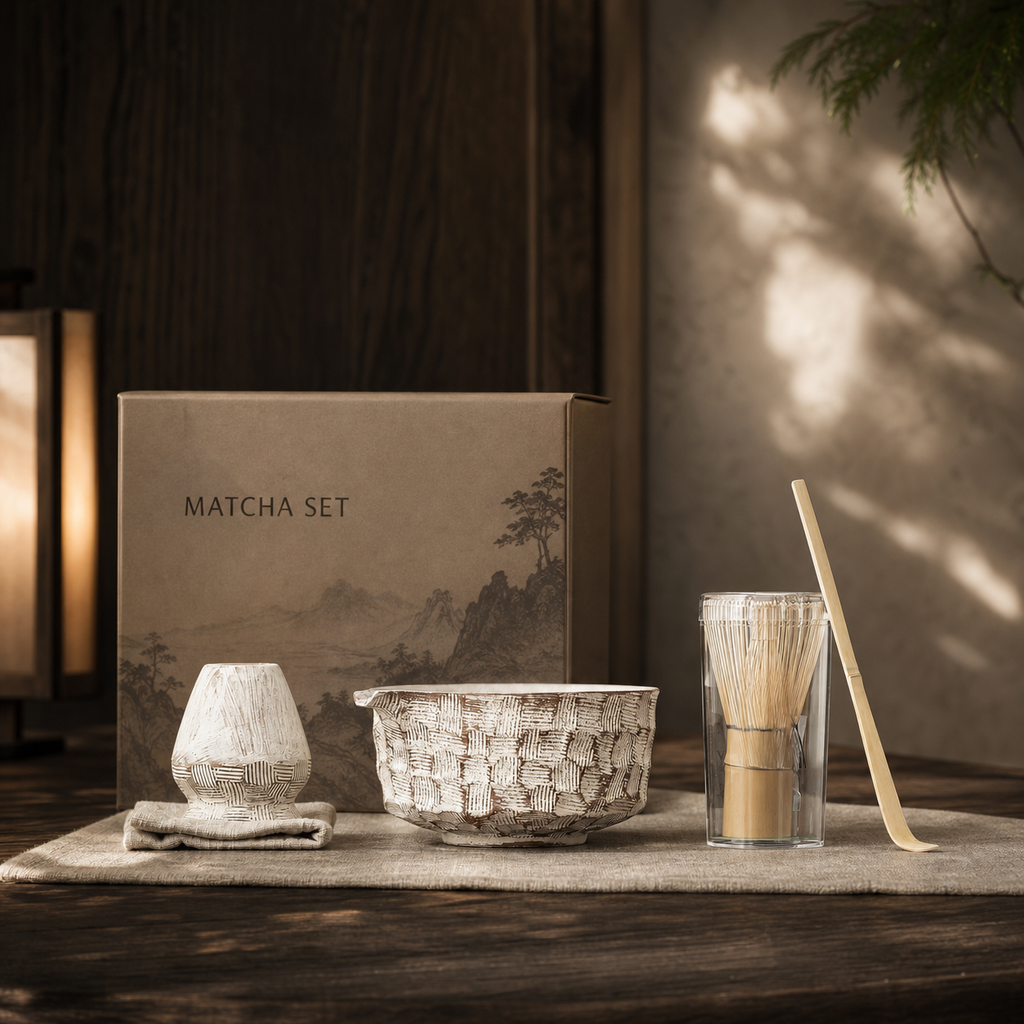 Japanese Matcha Tea Set, Ceramic Matcha Bowl with Whisk Holder, Chasen, Scoop & Tea Cloth, Wabi Sabi Tea Ceremony Set