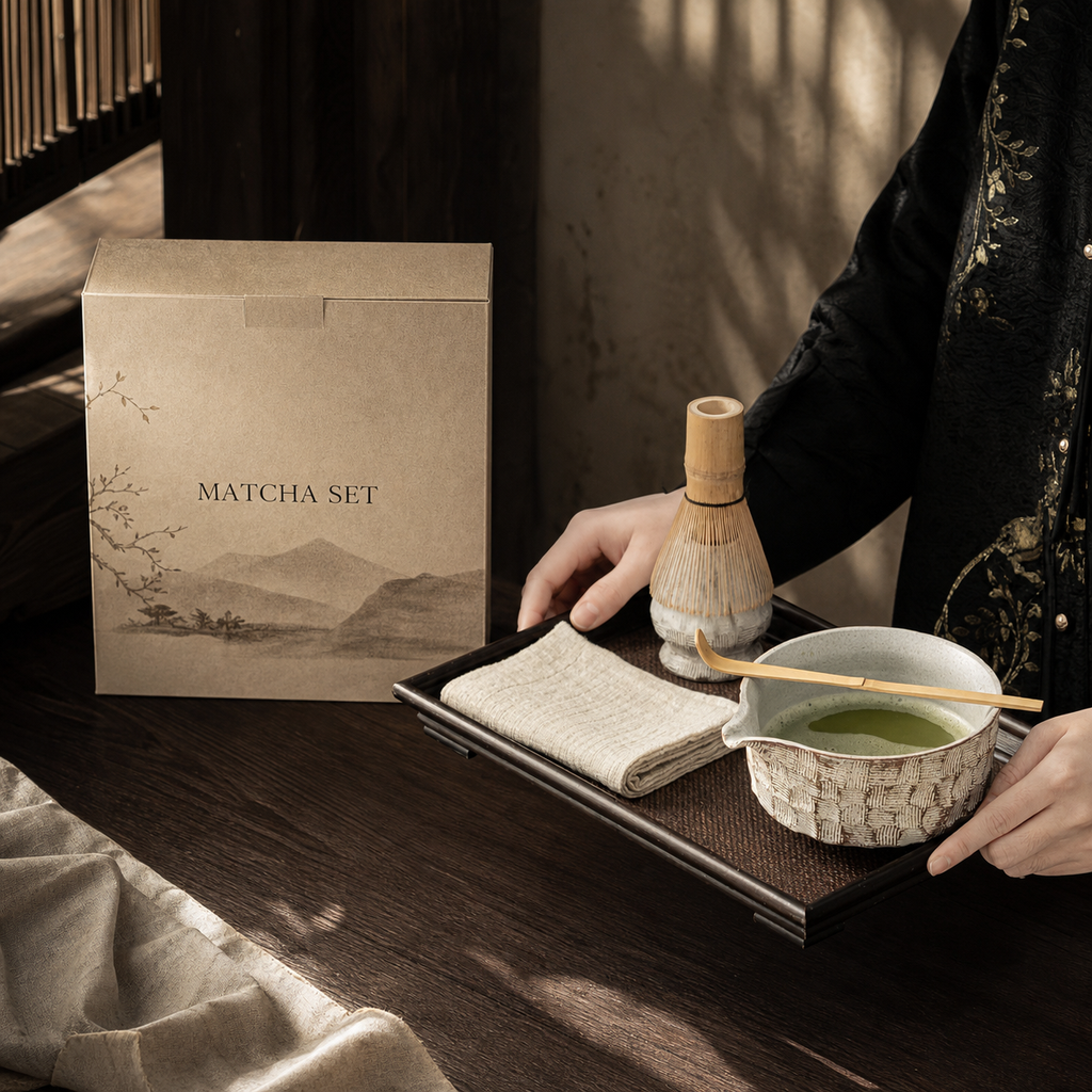 Japanese Matcha Tea Set, Ceramic Matcha Bowl with Whisk Holder, Chasen, Scoop & Tea Cloth, Wabi Sabi Tea Ceremony Set