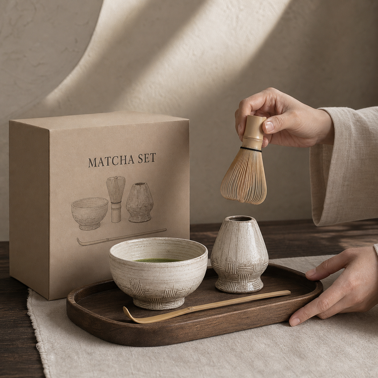 Japanese Matcha Tea Set, Ceramic Matcha Bowl with Whisk Holder, Chasen, Scoop & Tea Cloth, Wabi Sabi Tea Ceremony Set