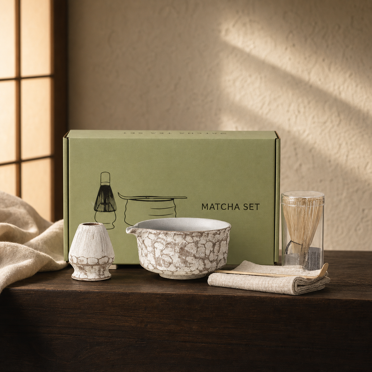 Japanese Matcha Tea Set, Ceramic Matcha Bowl with Whisk Holder, Chasen, Scoop & Tea Cloth, Wabi Sabi Tea Ceremony Set