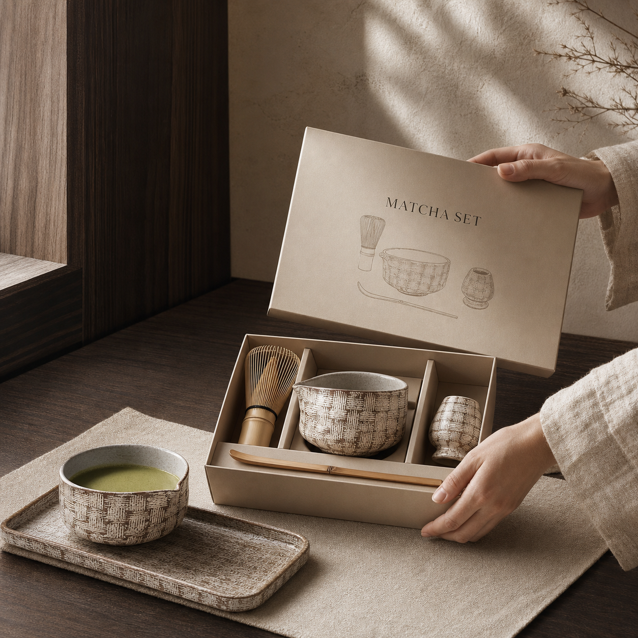Japanese Matcha Tea Set, Ceramic Matcha Bowl with Whisk Holder, Chasen, Scoop & Tea Cloth, Wabi Sabi Tea Ceremony Set