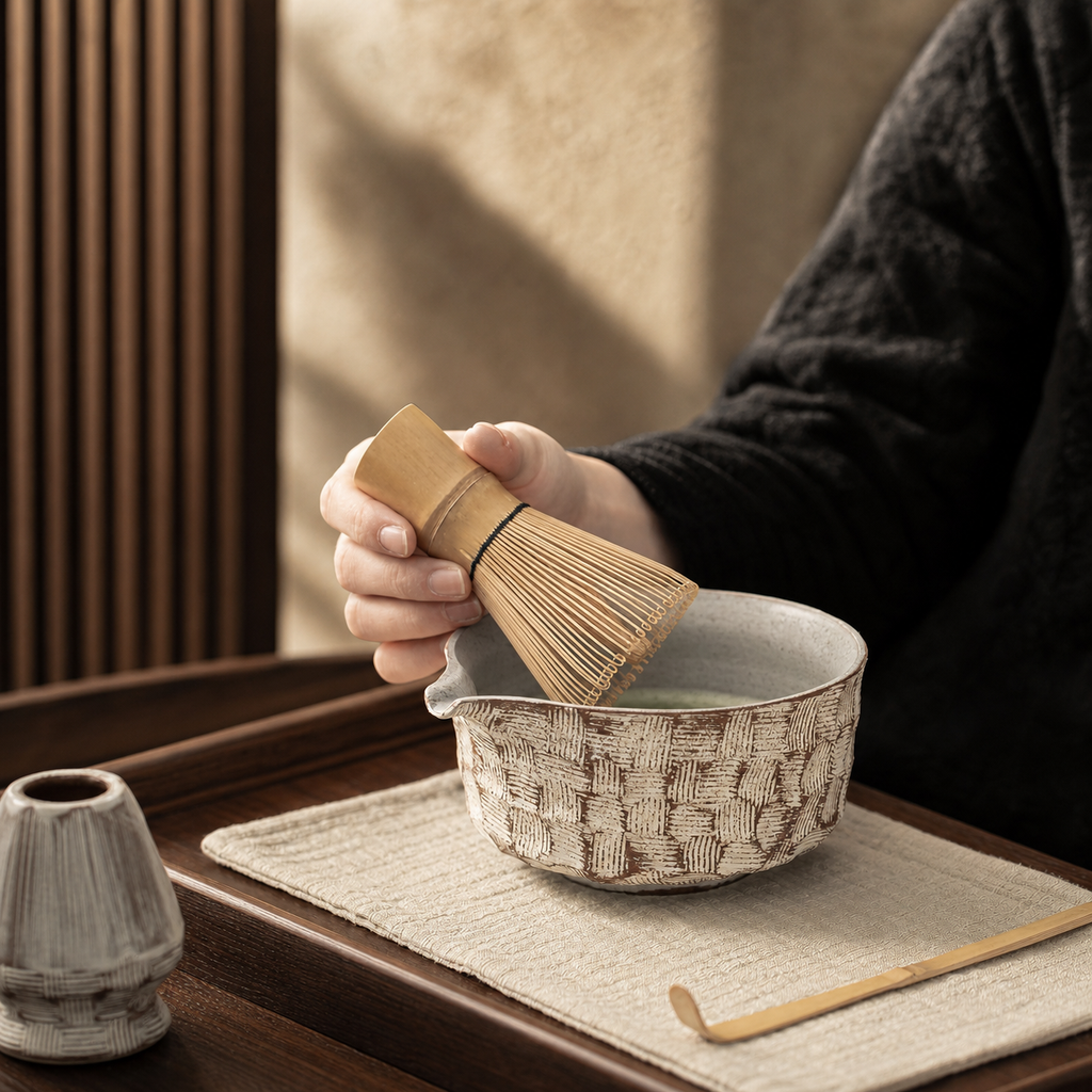 Japanese Matcha Tea Set, Ceramic Matcha Bowl with Whisk Holder, Chasen, Scoop & Tea Cloth, Wabi Sabi Tea Ceremony Set