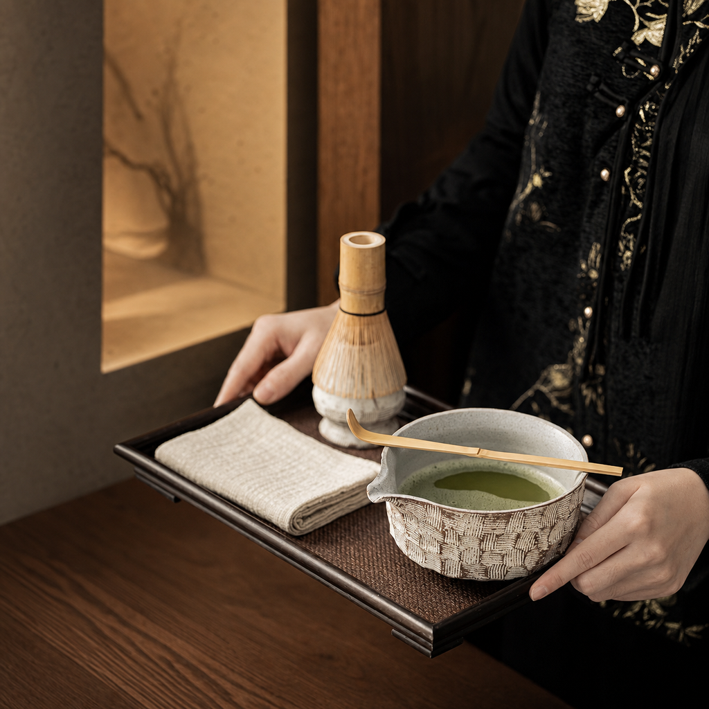 Japanese Matcha Tea Set, Ceramic Matcha Bowl with Whisk Holder, Chasen, Scoop & Tea Cloth, Wabi Sabi Tea Ceremony Set