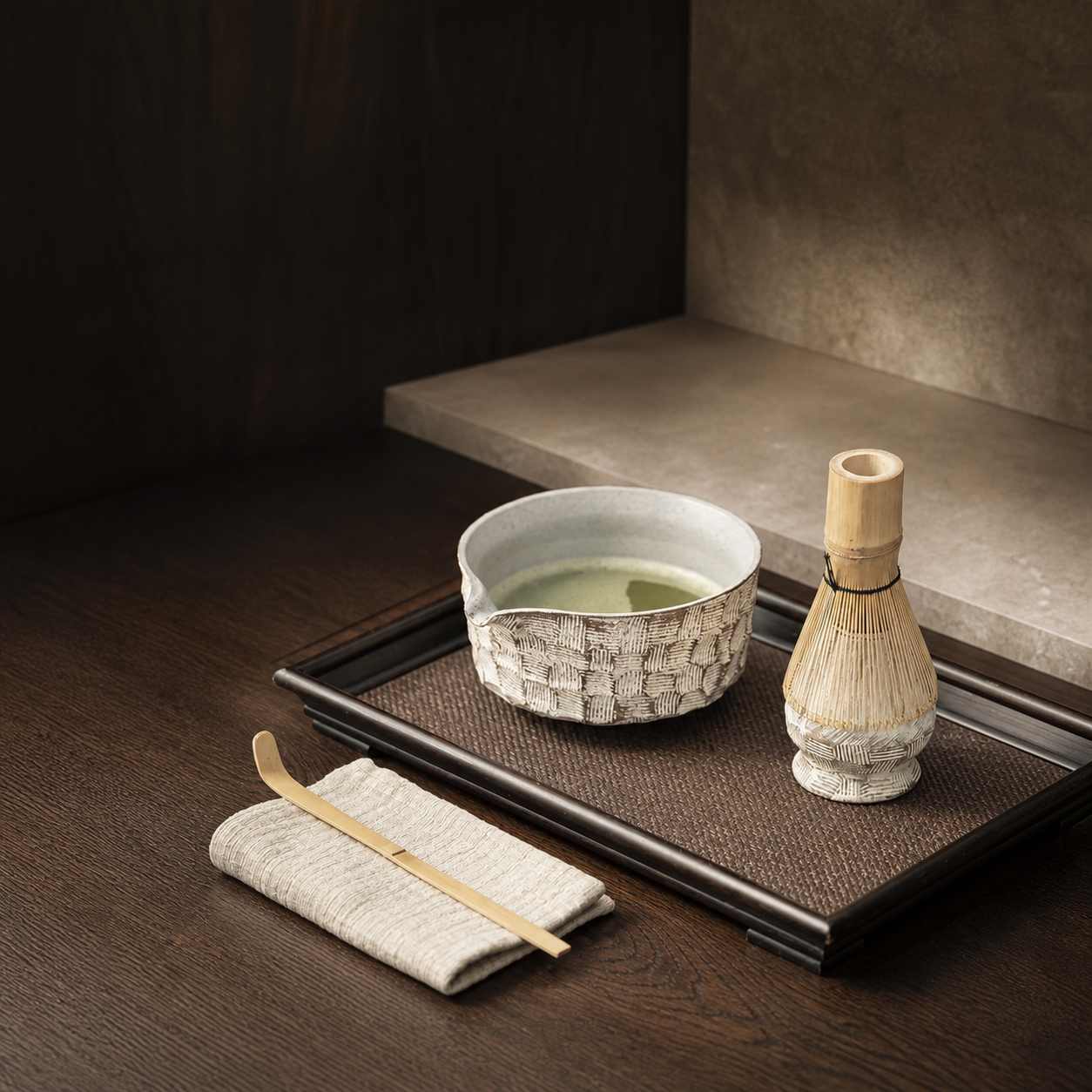 Japanese Matcha Tea Set, Ceramic Matcha Bowl with Whisk Holder, Chasen, Scoop & Tea Cloth, Wabi Sabi Tea Ceremony Set