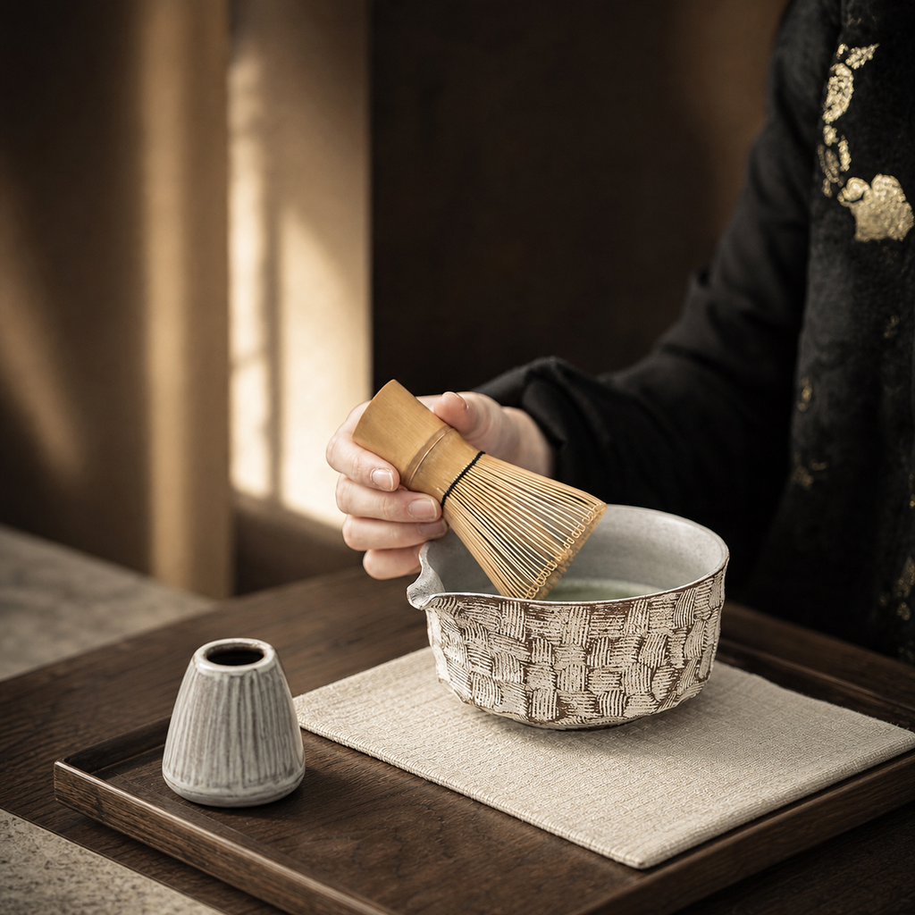 Japanese Matcha Tea Set, Ceramic Matcha Bowl with Whisk Holder, Chasen, Scoop & Tea Cloth, Wabi Sabi Tea Ceremony Set