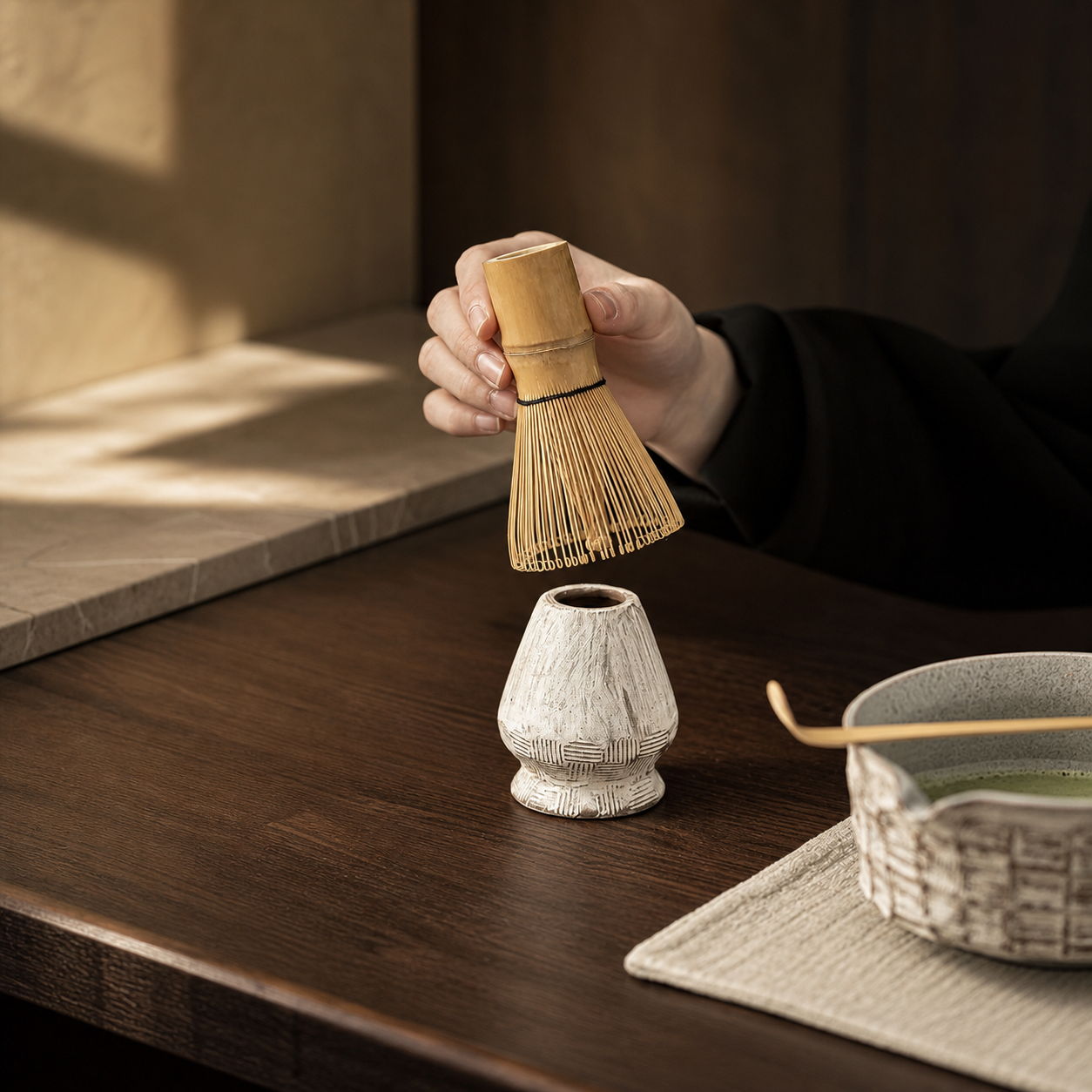 Japanese Matcha Tea Set, Ceramic Matcha Bowl with Whisk Holder, Chasen, Scoop & Tea Cloth, Wabi Sabi Tea Ceremony Set