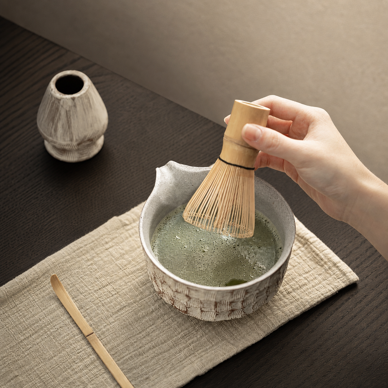 Japanese Matcha Tea Set, Ceramic Matcha Bowl with Whisk Holder, Chasen, Scoop & Tea Cloth, Wabi Sabi Tea Ceremony Set