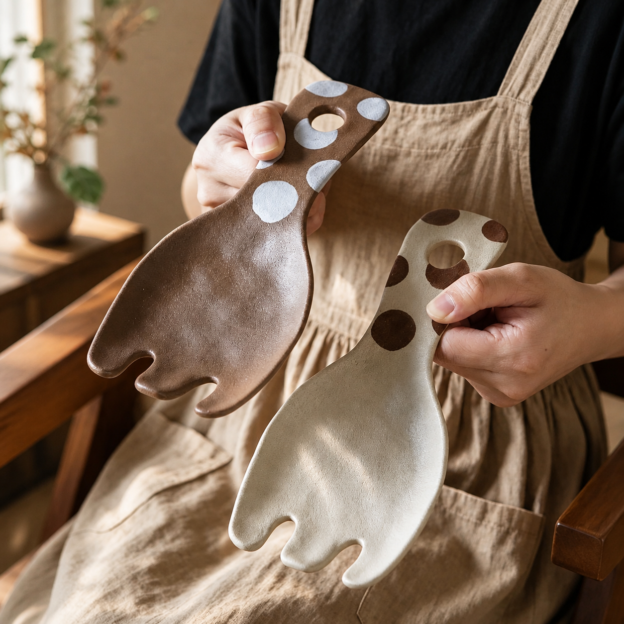 Ceramic Serving Fork, Polka Dot Pottery Salad Fork, Japanese Style Tableware, Brown Beige Dessert & Snack Utensil