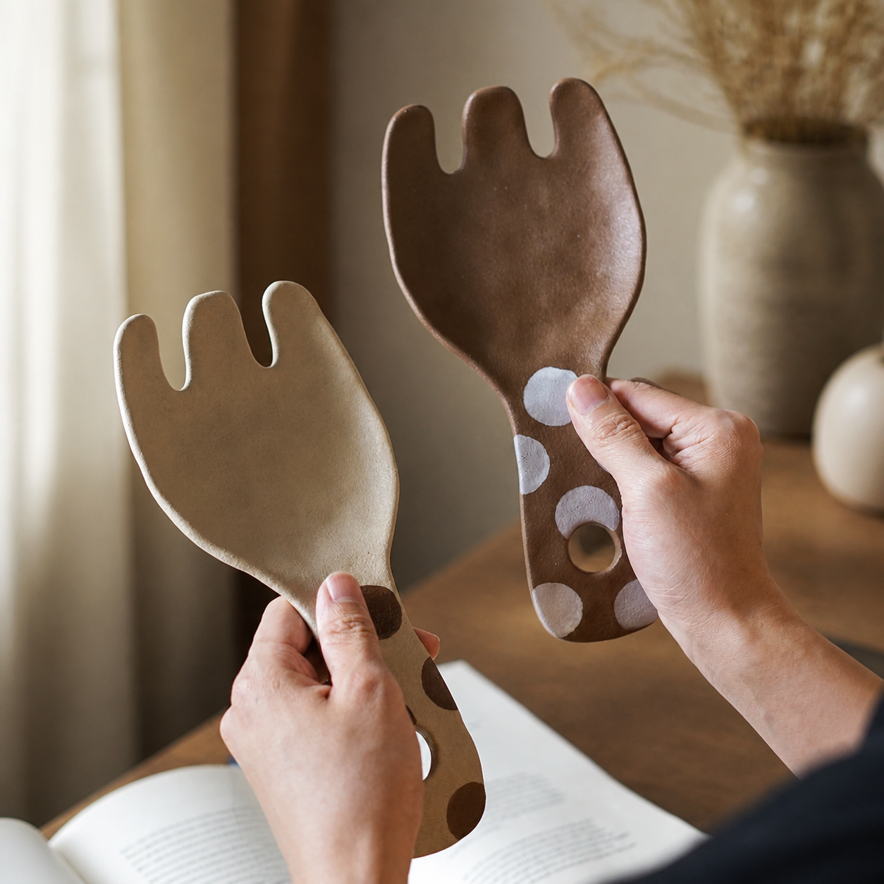 Ceramic Serving Fork, Polka Dot Pottery Salad Fork, Japanese Style Tableware, Brown Beige Dessert & Snack Utensil
