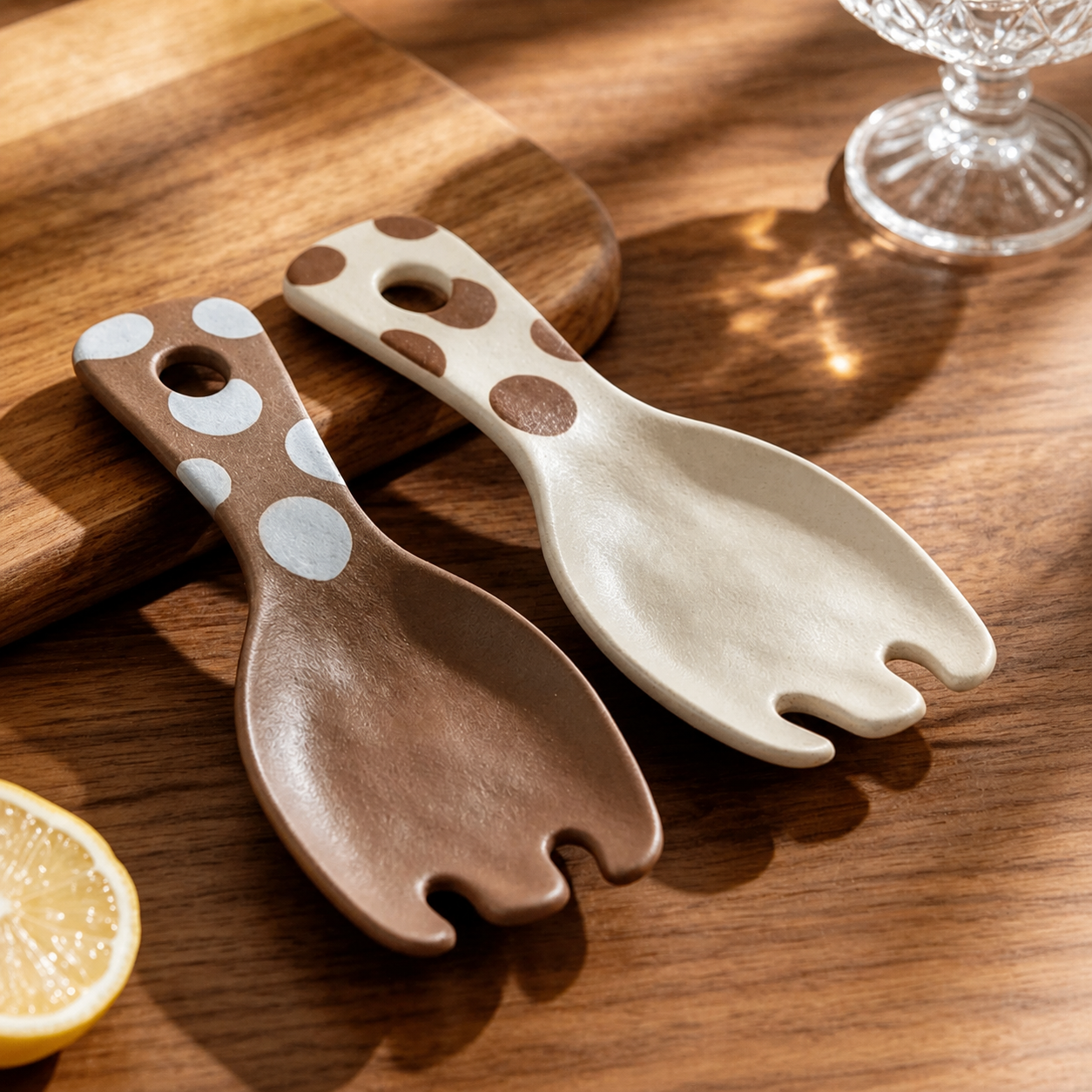 Ceramic Serving Fork, Polka Dot Pottery Salad Fork, Japanese Style Tableware, Brown Beige Dessert & Snack Utensil