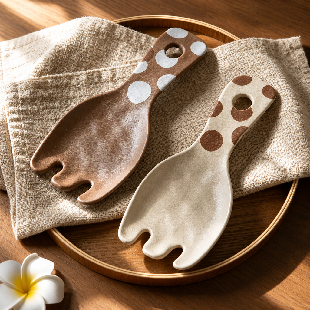 Ceramic Serving Fork, Polka Dot Pottery Salad Fork, Japanese Style Tableware, Brown Beige Dessert & Snack Utensil