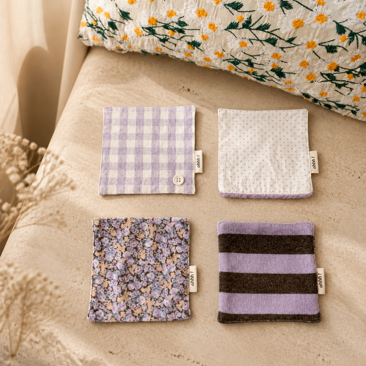 Purple Cotton Coaster, Gingham Floral Striped Fabric Mug Mat, Absorbent Coffee Cup Pad, Cute Korean Table Decor