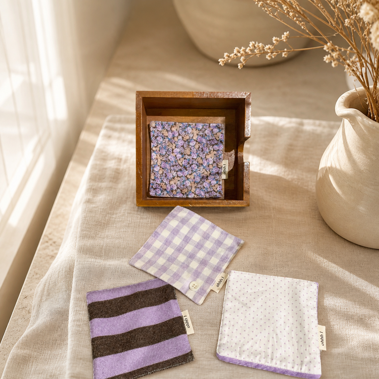 Purple Cotton Coaster, Gingham Floral Striped Fabric Mug Mat, Absorbent Coffee Cup Pad, Cute Korean Table Decor