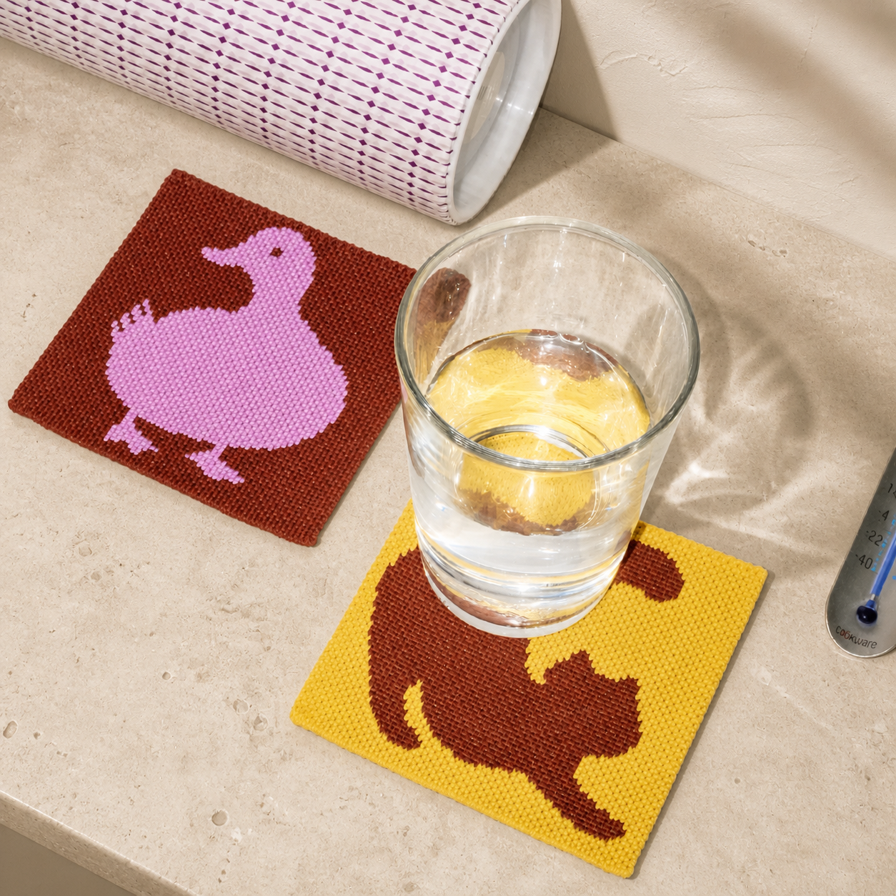 Knitted Animal Coaster, Cute Duck & Cat Coffee Cup Mat, Heat Resistant Mug Coaster, Colorful Kawaii Table Decor