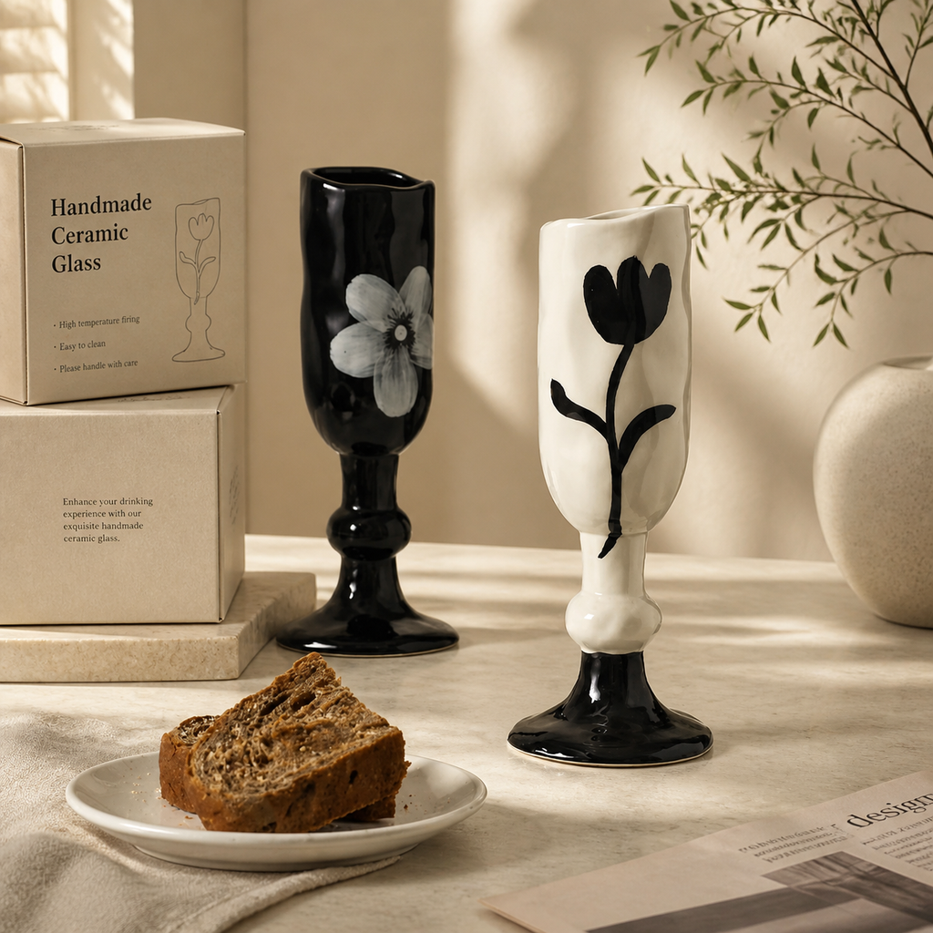 Hand Painted Ceramic Goblet – 230ml Floral Art Wine Cup, Sculptural Decorative Drinking Glass, Gift Box Included