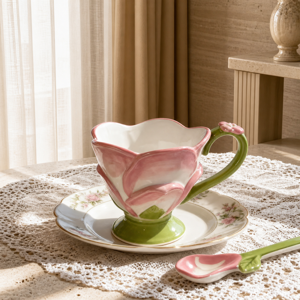 Pink Lotus Ceramic Mug – 350ml Floral Coffee Cup with Spoon