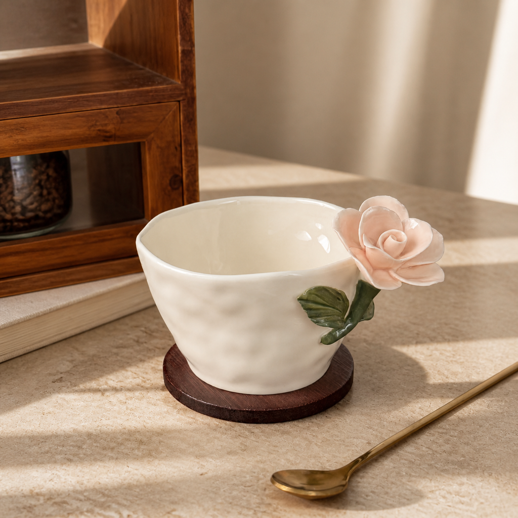 3D Floral Ceramic Mug – Handmade Style Flower Coffee Cup 260ml