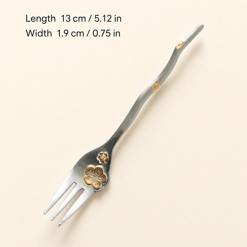 Cherry Blossom Stainless Steel Spoon & Fork, Japanese Floral Dessert Utensil, Gold Accent Coffee Tea Cutlery