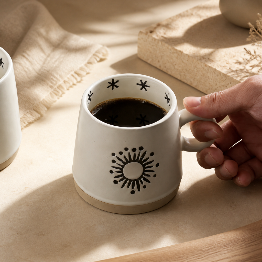 Celestial Ceramic Mug – 400ml Sun Moon Star Rustic Coffee Cup