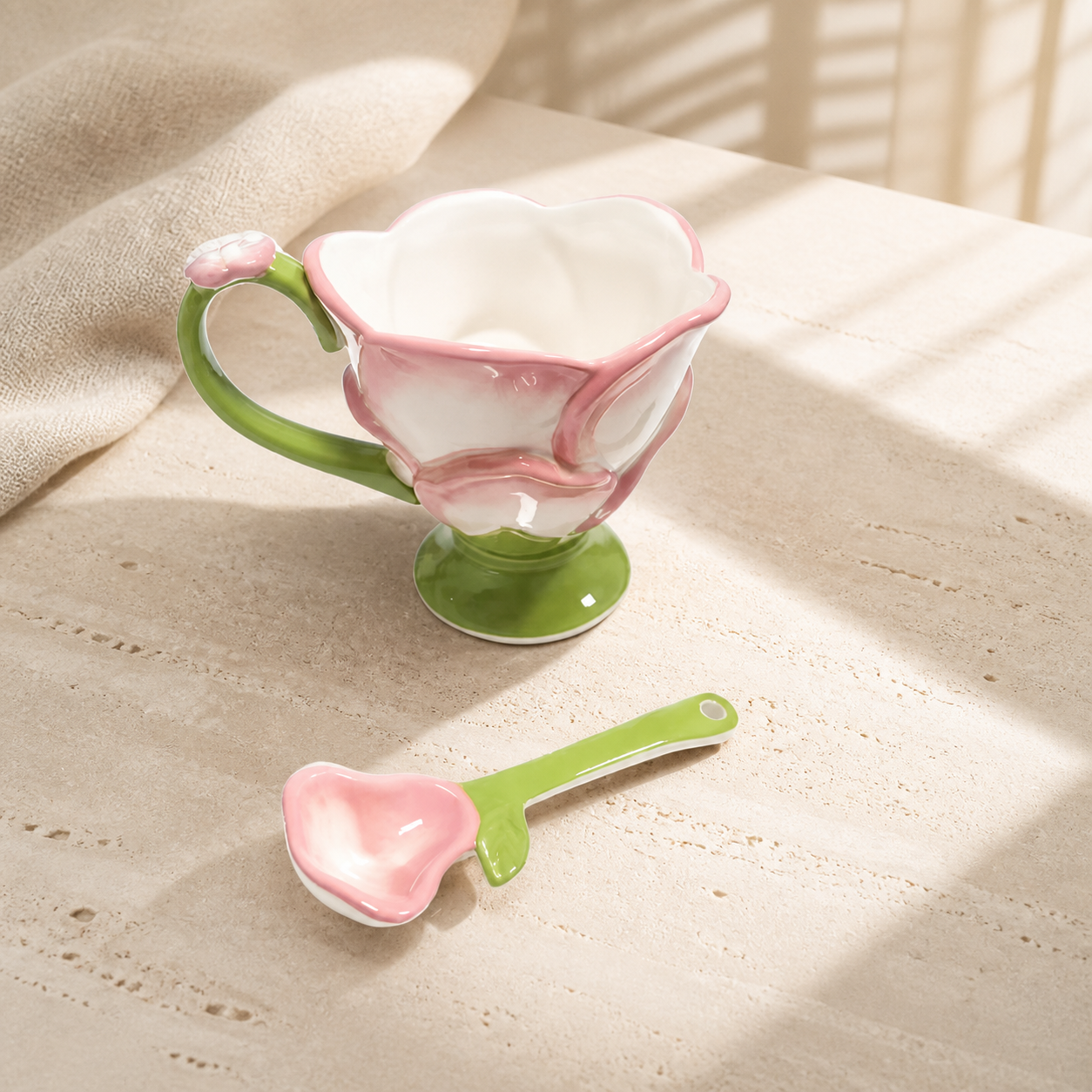Pink Lotus Ceramic Mug – 350ml Floral Coffee Cup with Spoon