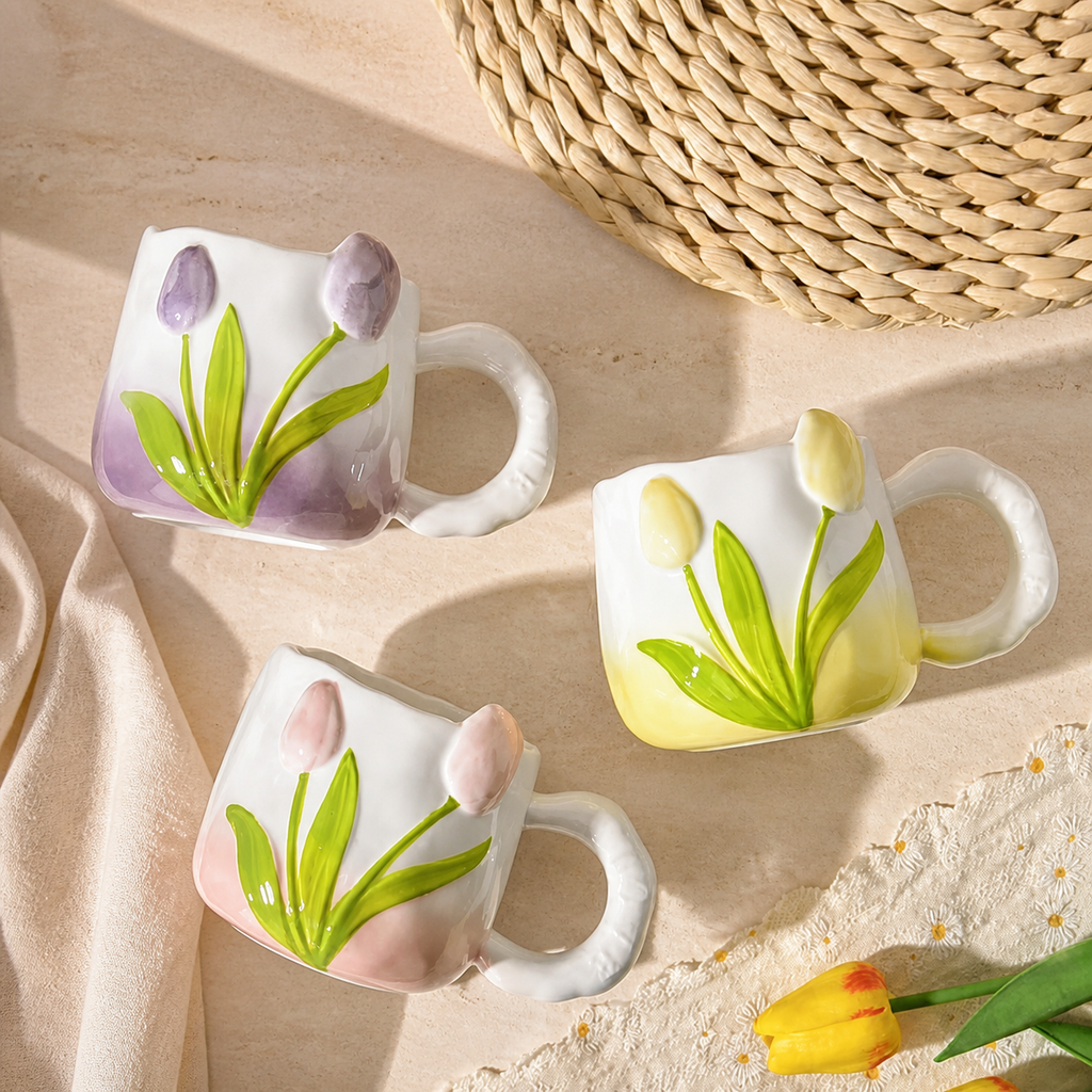 Tulip Ceramic Mug – 400ml Hand Painted Floral Coffee Cup